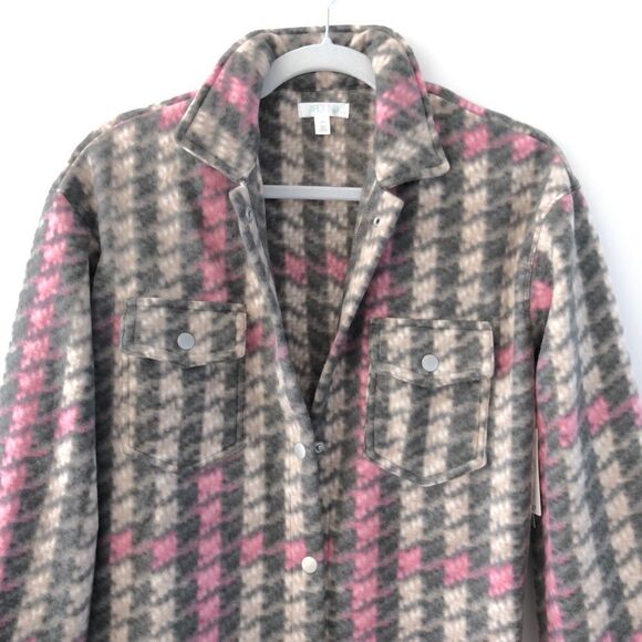 Abound Fleece Plaid Shacket Pink Grey Shirt Jacket Houndstooth NWT - Picture 2 of 8